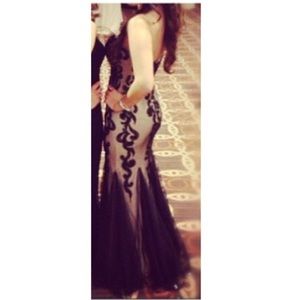 Black and Tan jeweled mermaid evening dress.